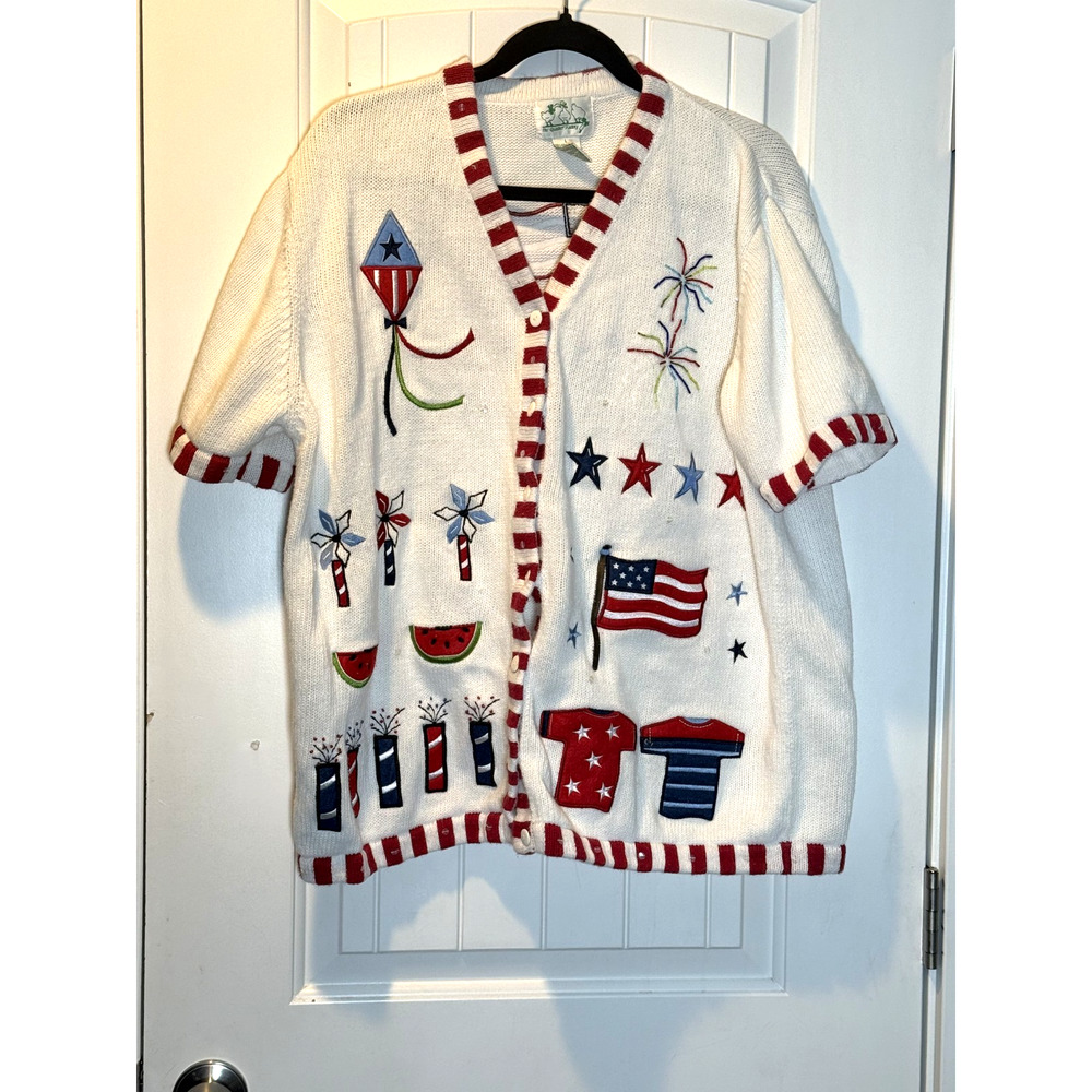 The Quaker Factory Women's Large Fourth of July USA ShortSleeve Cadigan Sweater